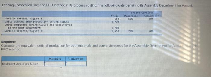  enning Corporation uses the FIFO method in its process costing. The