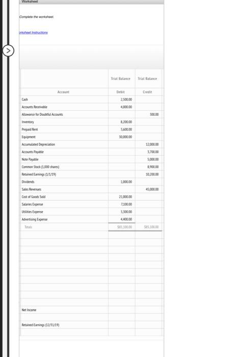 COMPANY Worksheet For the Year Ended December 31, 2019 Trial Balance Trial