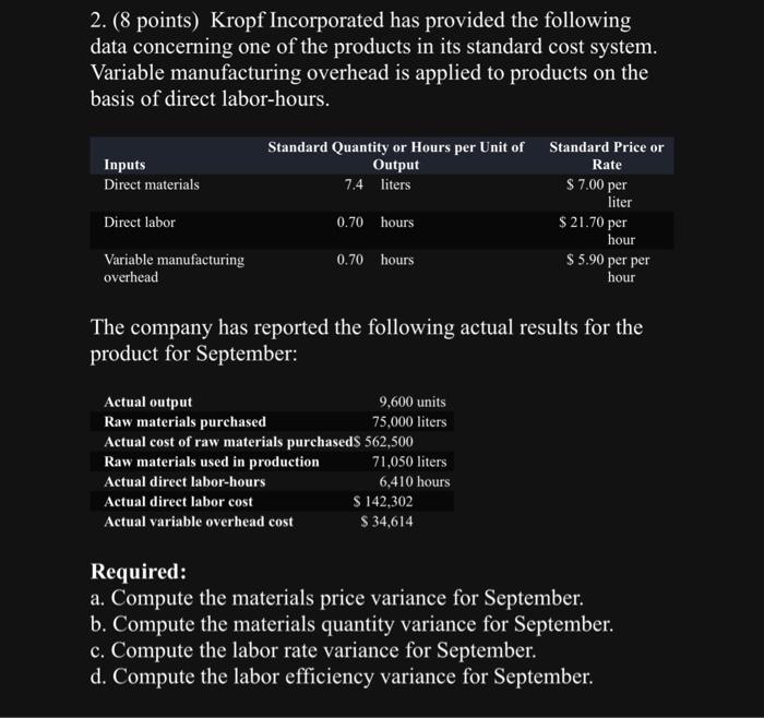  2. (8 points) Kropf Incorporated has provided the following data concerning