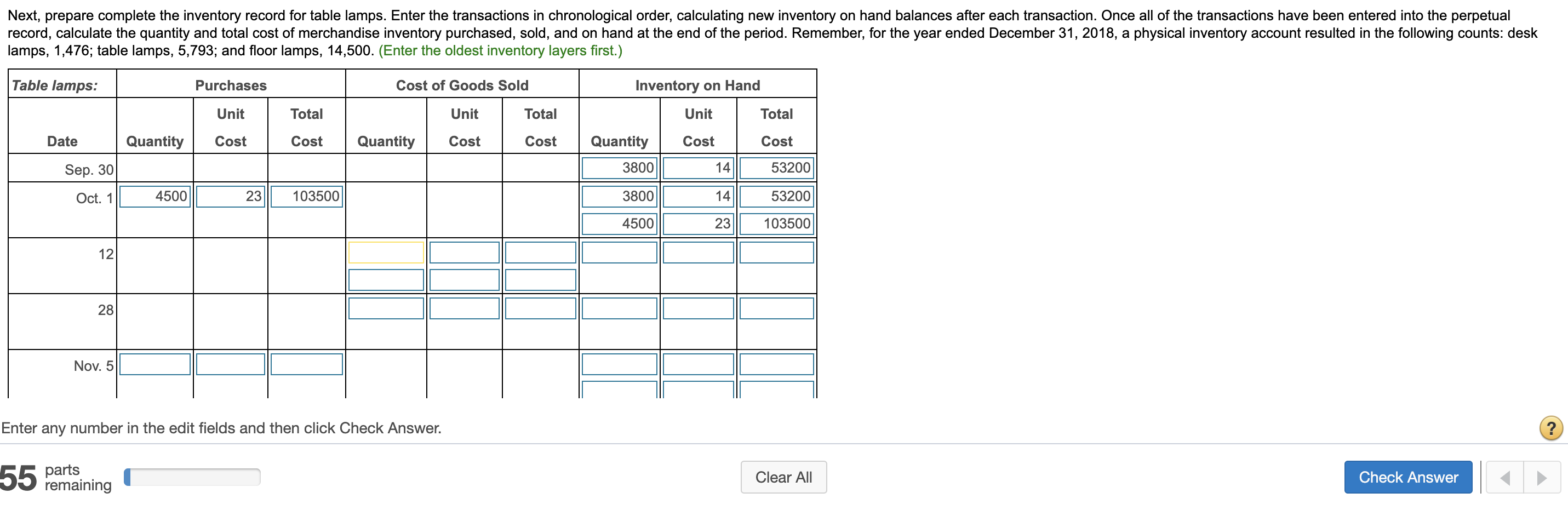  Next, prepare complete the inventory record for table lamps. Enter the