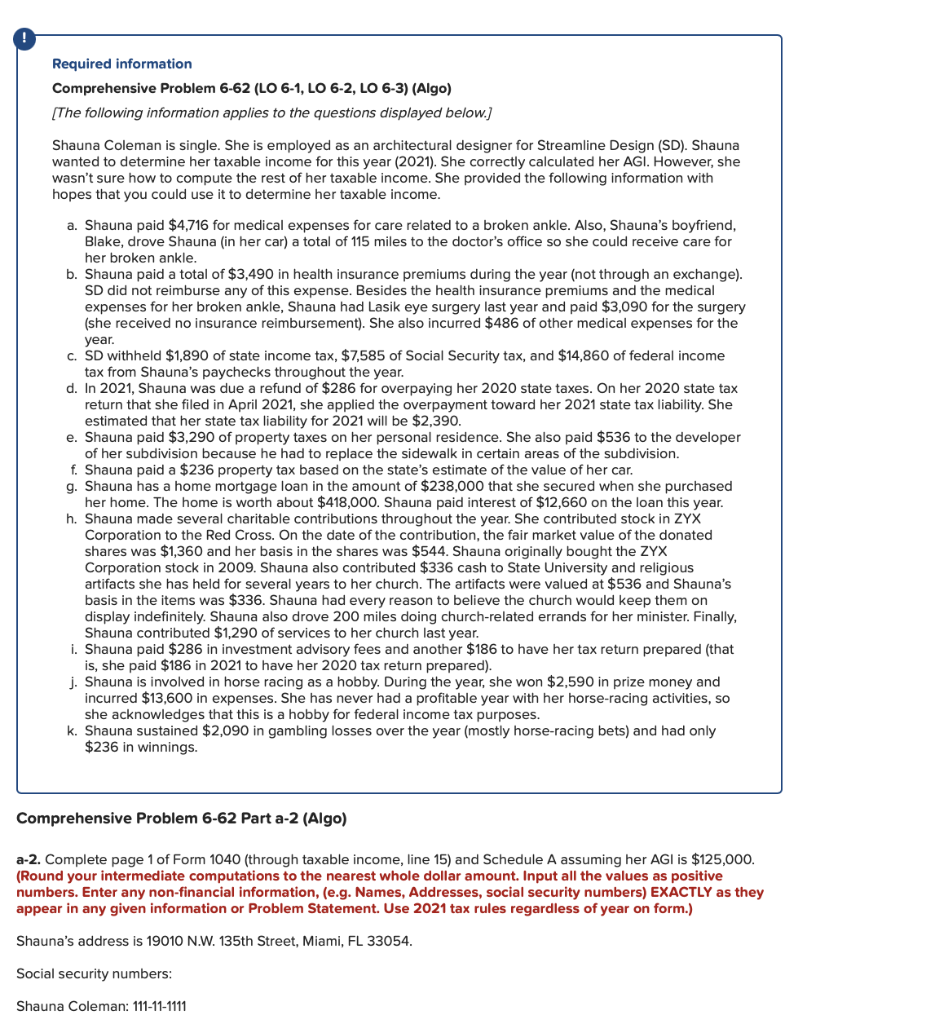 Help please! Required information Comprehensive Problem 6-62 (LO 6-1, LO 6-2, LO