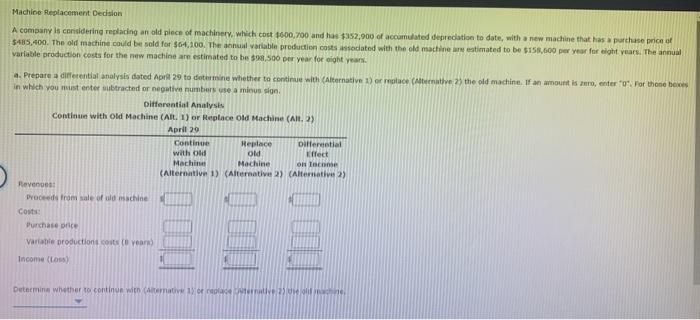  Machine Replacement Dedsion A company is considering replacing an old piece