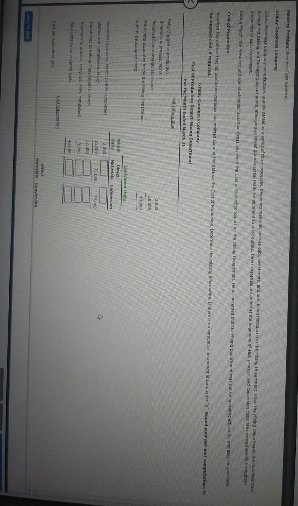  Mastery Problem: Process Cost Systems Grainy Goodness Company Grainy Goodness Company