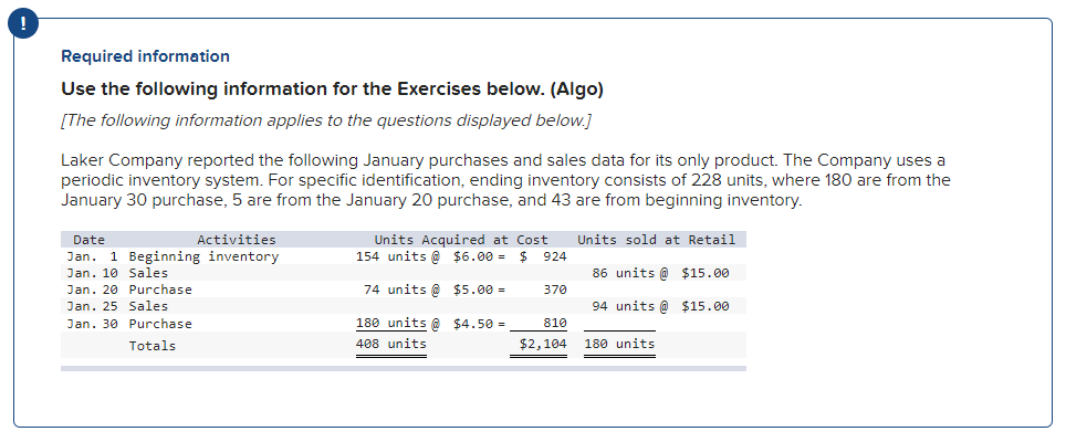 W10 Quiz Access: Chapter 05 Help ! Required information Use the following