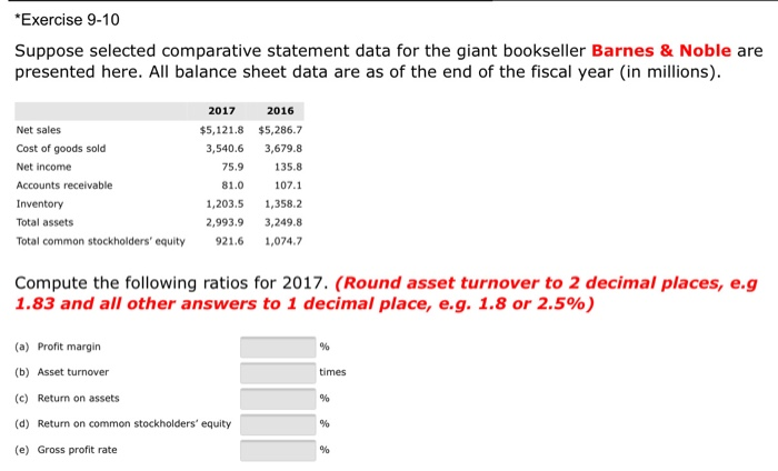  *Exercise 9-10 Suppose selected comparative statement data for the giant bookseller