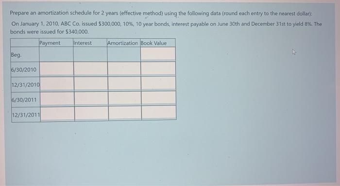  Prepare an amortization schedule for 2 years (effective method) using the