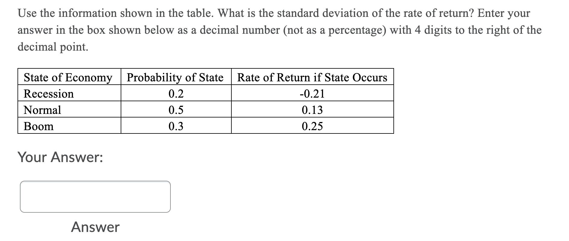 Use the information shown in the table. What is the standard