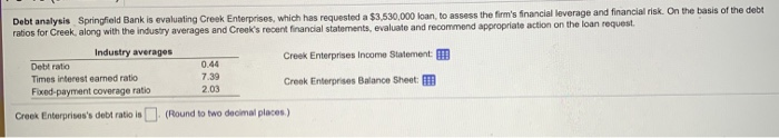  please answer all parts Debt analysis Springfield Bank is evaluating Creek