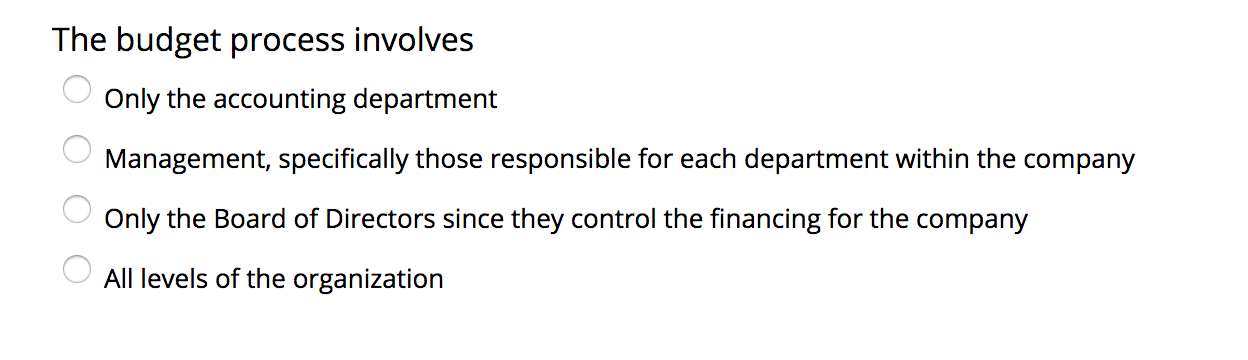 The budget process involves Only the accounting department Management, specifically those