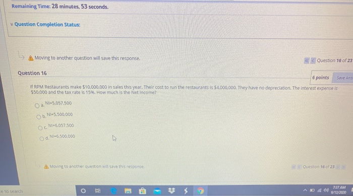  Remaining Time: 28 minutes, 53 seconds. Question Completion Status: Moving to