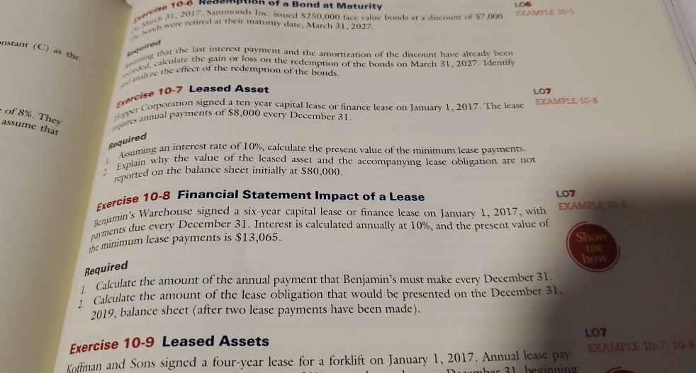 Exercise 10-8 . financial statement impact on a lease. please answer