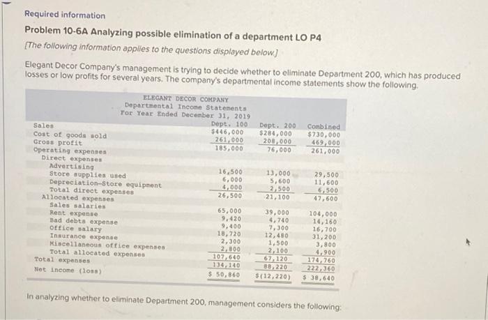 urgent please ! Required information Problem 10-6A Analyzing possible elimination of a