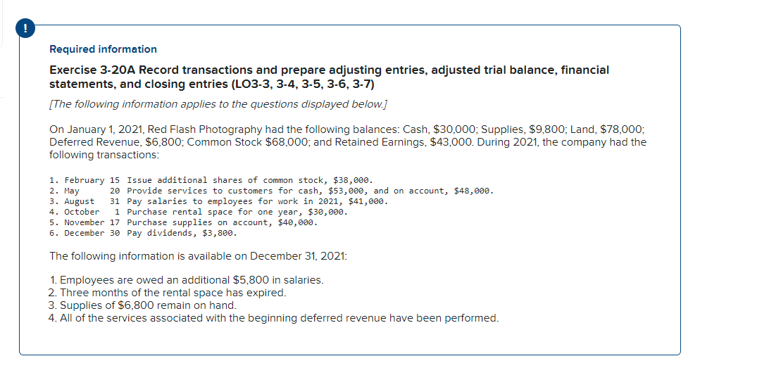 Required information Exercise 3-20A Record transactions and prepare adjusting entries, adjusted