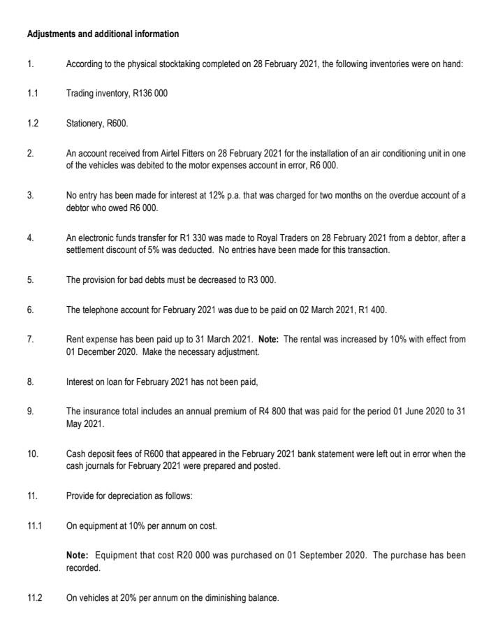 ended 28 February 2021. (20 Marks) INFORMATION The trial balance, adjustments and