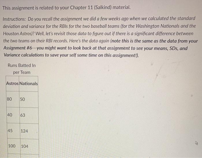  This assignment is related to your Chapter 11 (Salkind) material. Instructions: