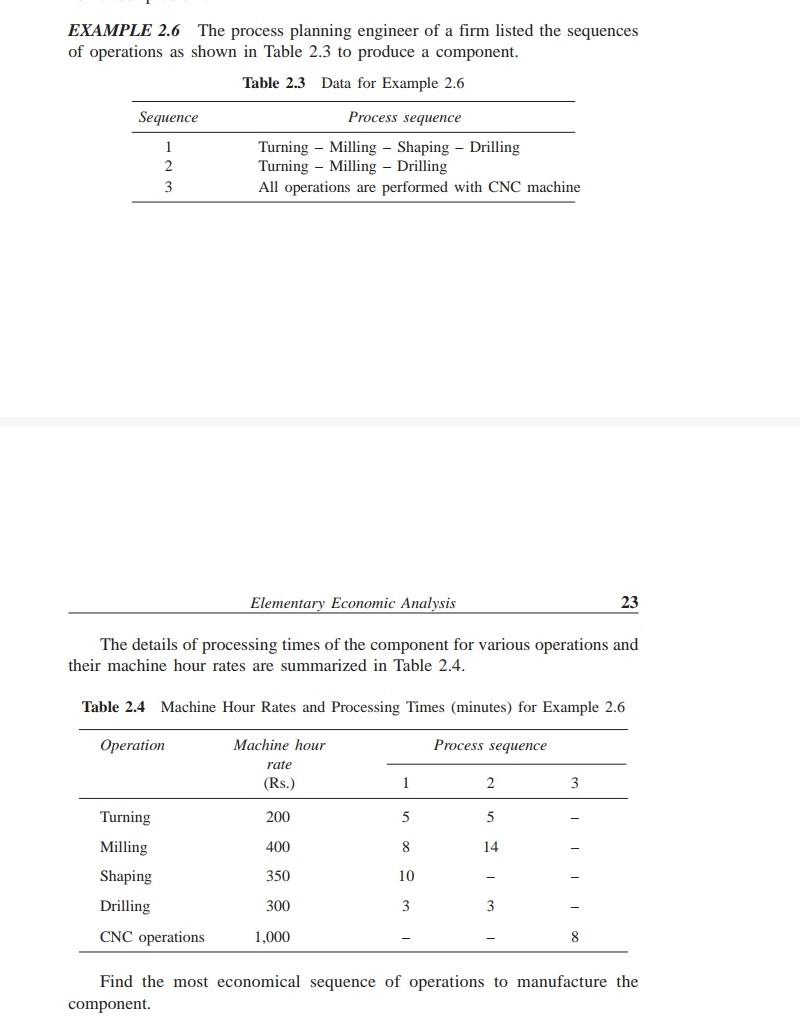  EXAMPLE 2.6 The process planning engineer of a firm listed the