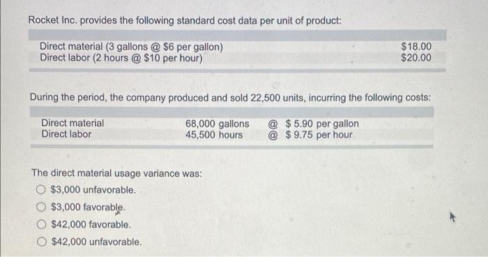  Rocket Inc. provides the following standard cost data per unit of
