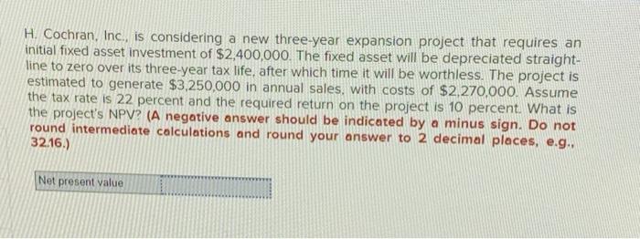  H. Cochran, Inc., is considering a new three-year expansion project that
