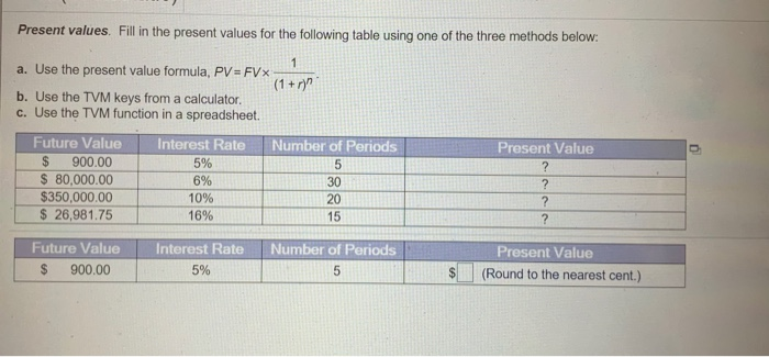  Present values. Fill in the present values for the following table