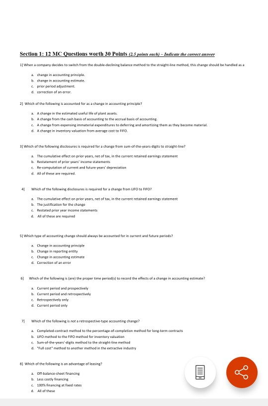  Section 1: 12 MC Questions worth 30 Points (2.5 points mach)