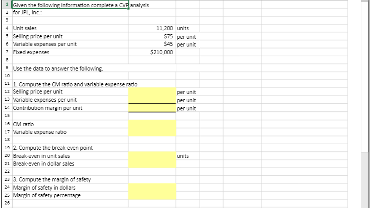 most recent period. The Controller has asked you prepare a spreadsheet that