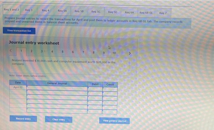 transactions occurred during the company's first month. April 2 Nozomi invested $30,000