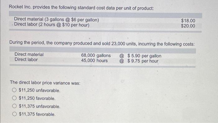  Rocket Inc. provides the following standard cost data per unit of