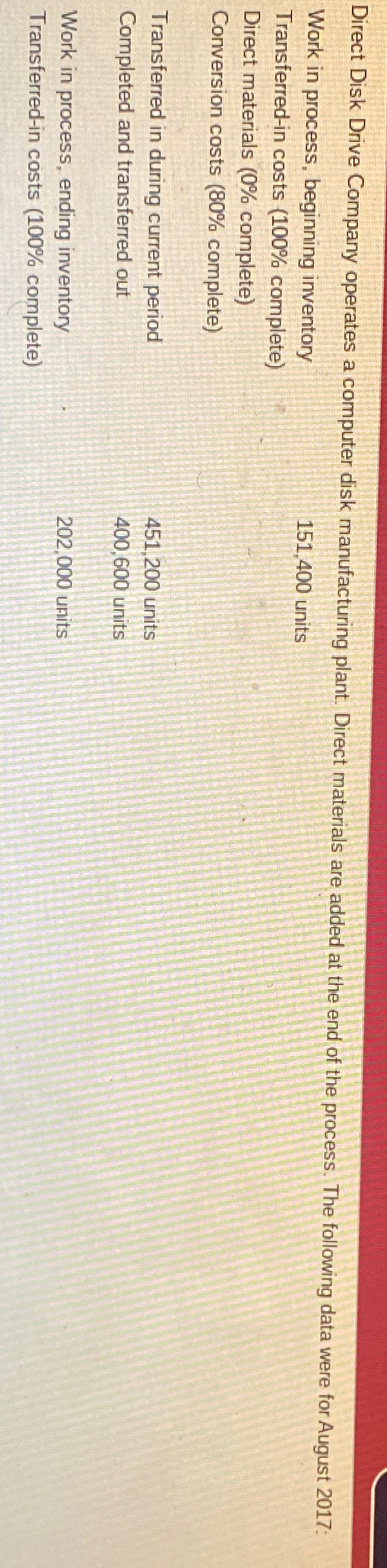  Direct Disk Drive Company operates a computer disk manufacturing plant. Direct