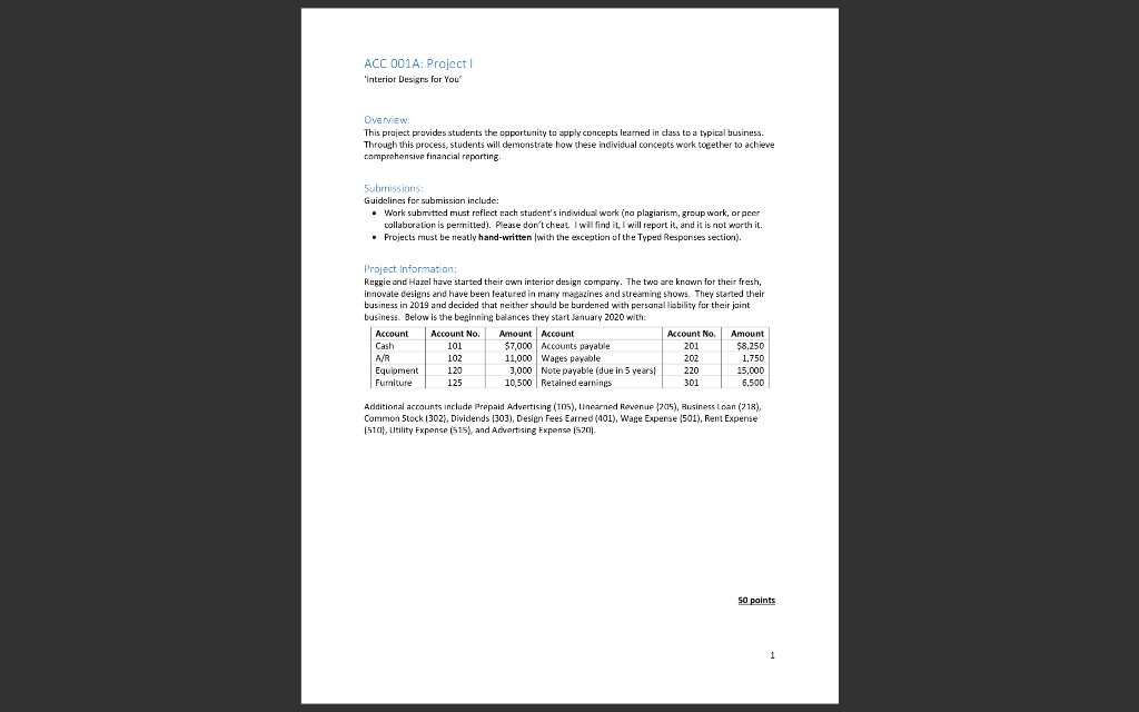 Just need general journal please ACC 001A: Project 'Interior Designs for You