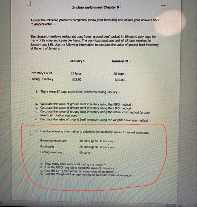  I dass assignment Chapter 9 Answer the following problems completely (show