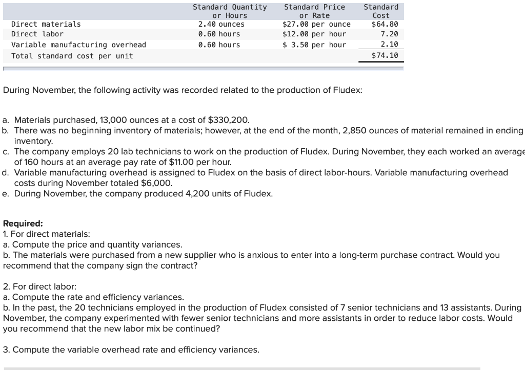  Direct materials Direct labor Variable manufacturing overhead Total standard cost per