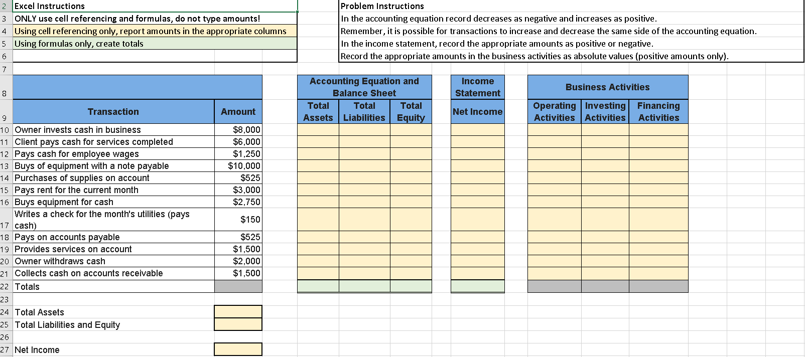 2 Excel Instructions 3 ONLY use cell referencing and formulas, do