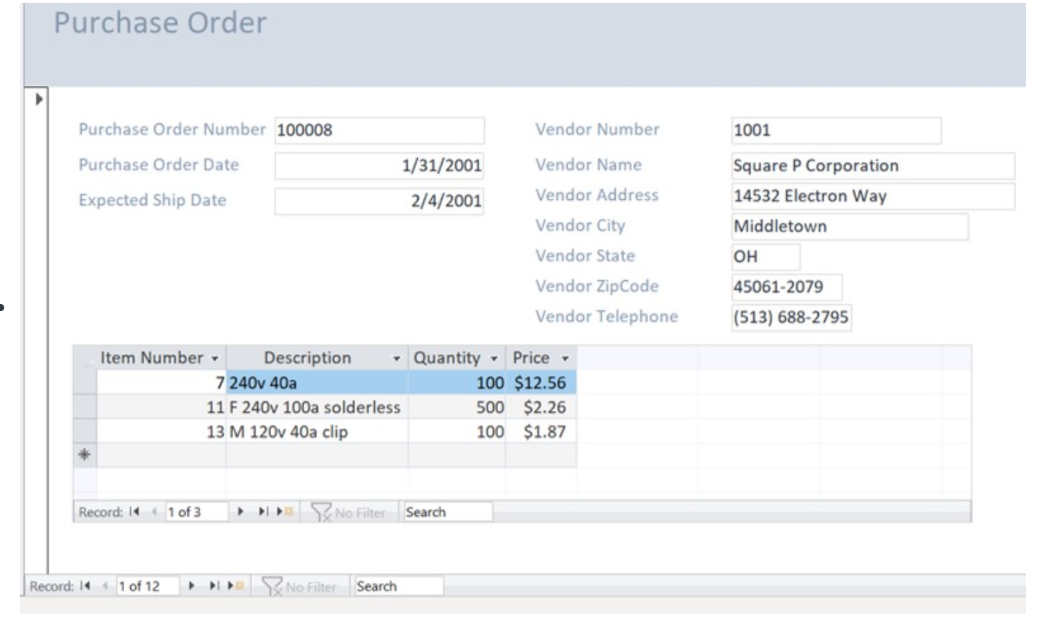 The following is an unnormalized PURCHASE ORDER table (created from the Purchase