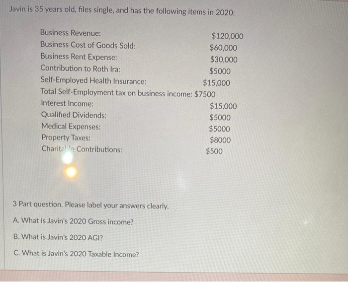  Javin is 35 years old, files single, and has the following