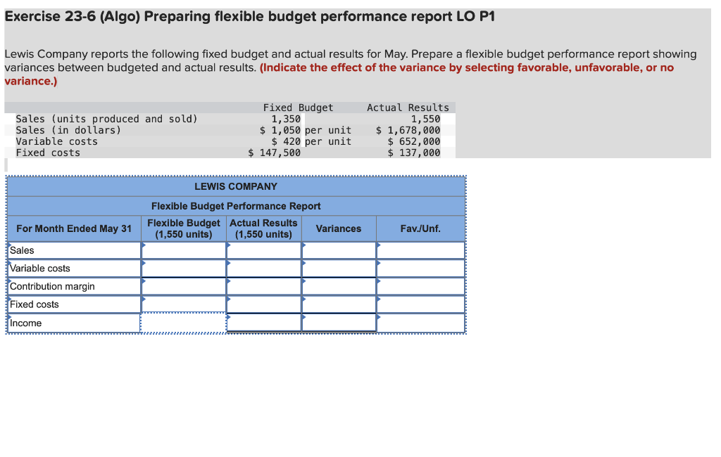  Exercise 23-6 (Algo) Preparing flexible budget performance report LO P1 Lewis