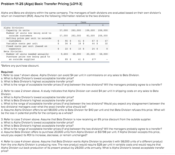  Problem 11-25 (Algo) Basic Transfer Pricing [LO11-3] Alpha and Beta are