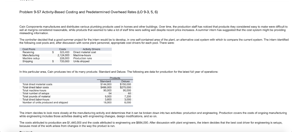 Problem 9-57 Activity-Based Costing and Predetermined Overhead Rates (LO 9-3, 5,