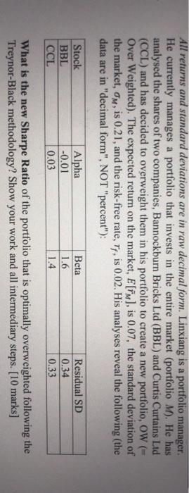  All returns and standard deviations are in raw decimal form. Linxiang