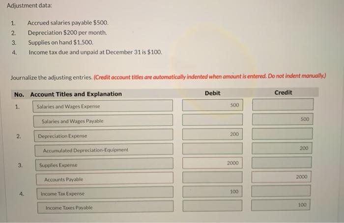  Just need help on the income statement please Adjustment data: 1.