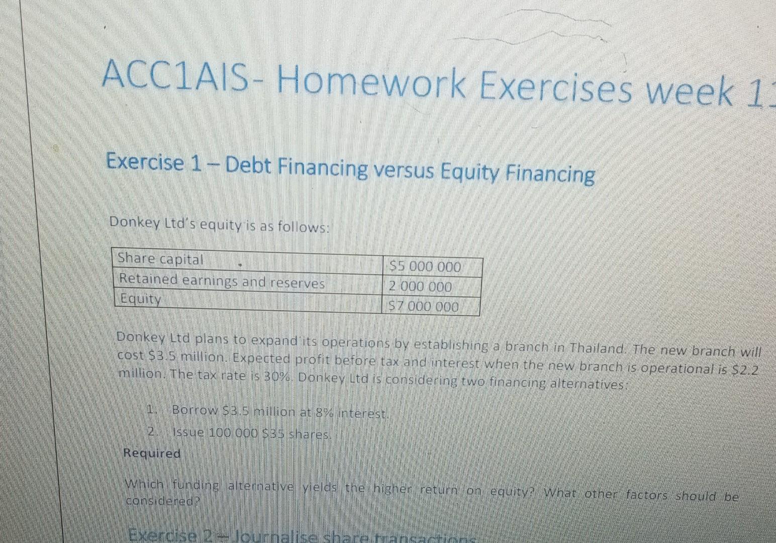  ACCIAIS- Homework Exercises week 1 Exercise 1-Debt Financing versus Equity Financing