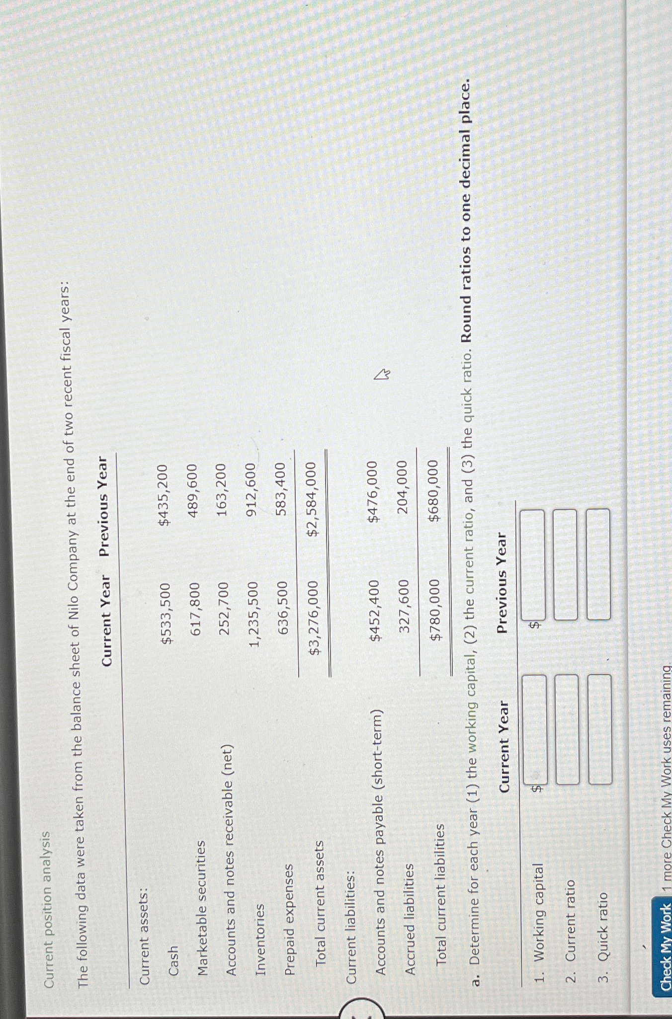  Current position analysis The following data were taken from the balance