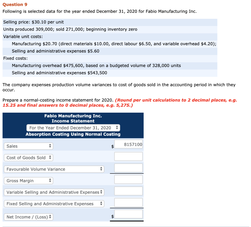 Question 9 Following is selected data for the year ended December