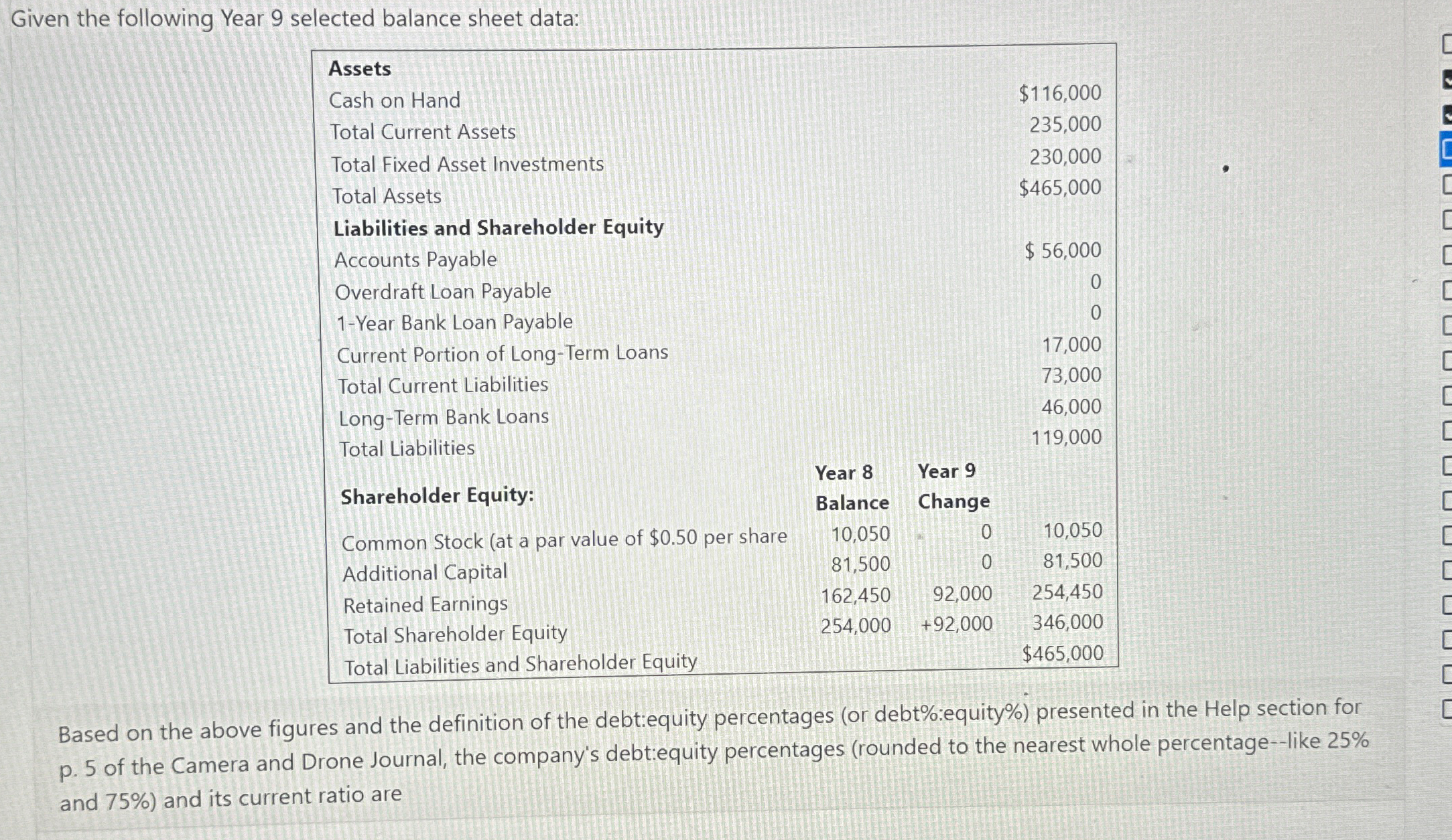  Given the following Year 9 selected balance sheet data: \table[[Assets],[Cash on