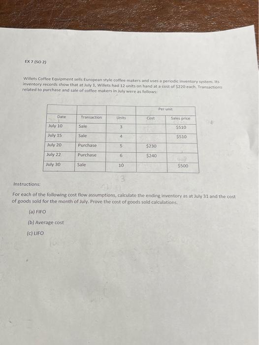 need full steps plz ans asap EX 7 (SO2) Willets Coffee Equipment