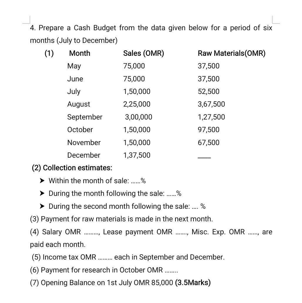  July 4. Prepare a Cash Budget from the data given below