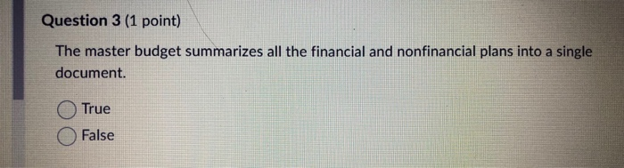  Question 3 (1 point) The master budget summarizes all the financial