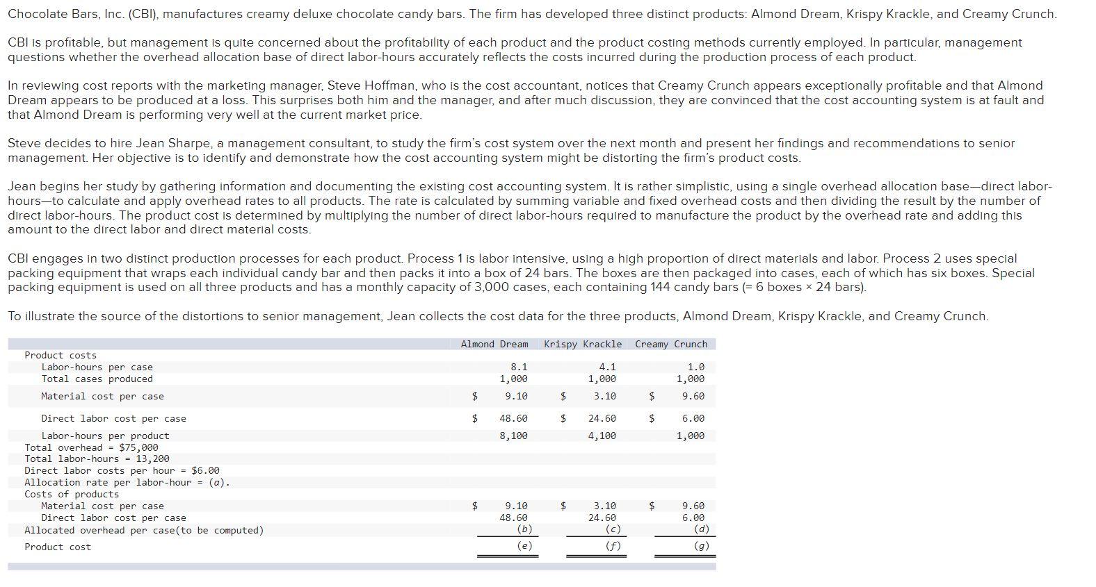 Please solve blanks below with work shown. Chocolate Bars, Inc. (CBI), manufactures