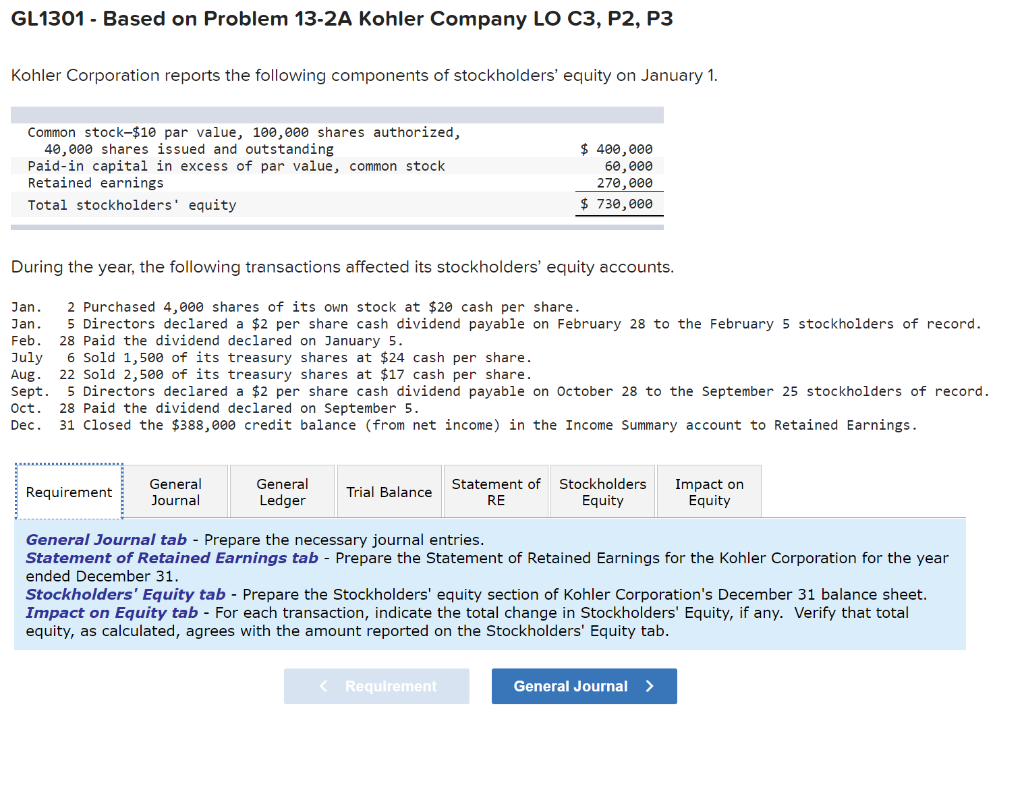 GL 1301- Based on Problem 13 - 2A Kohler Company LO C3,P2,