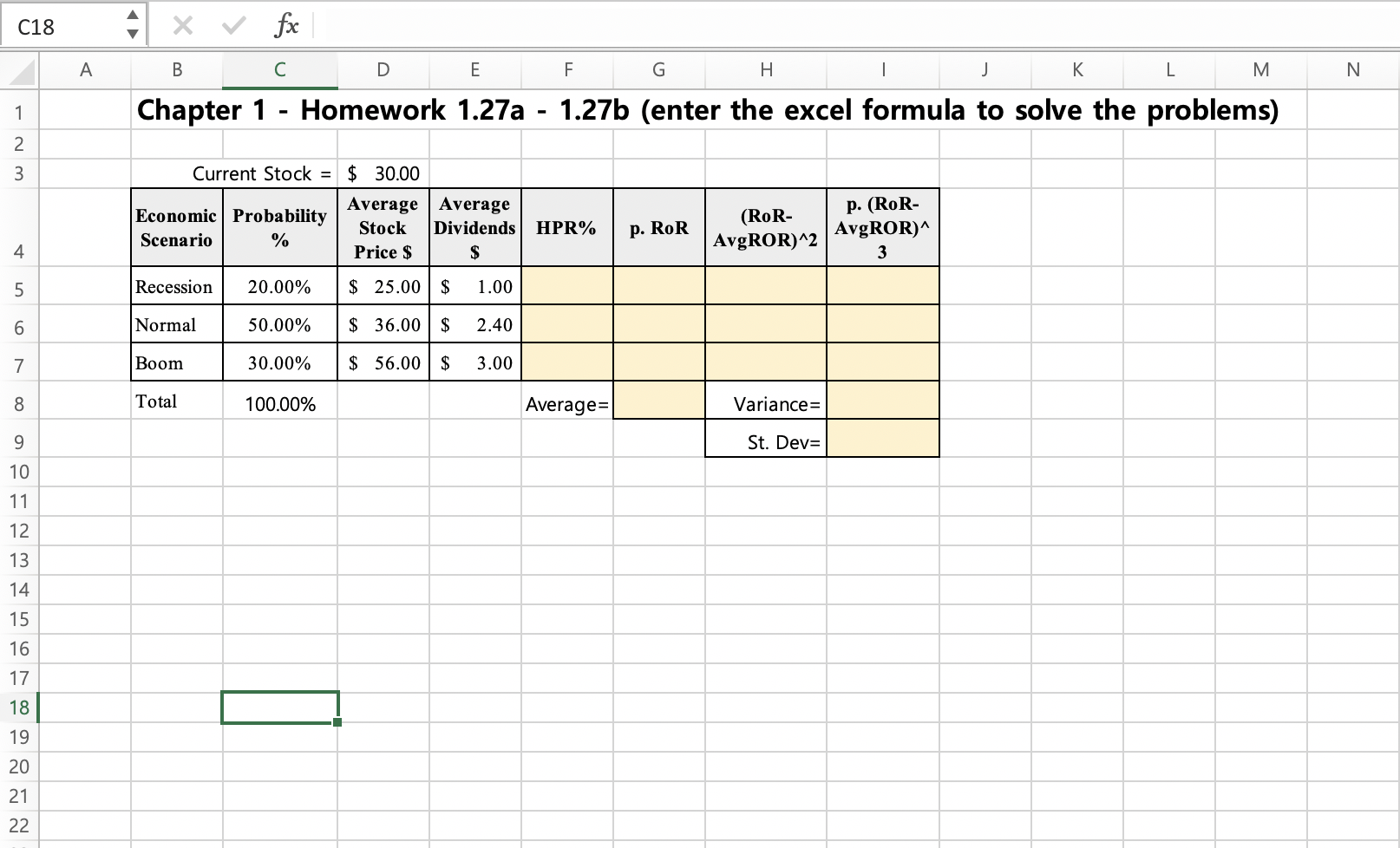 1 - Homework 1.25a - 1.25b (enter the excel formula to solve