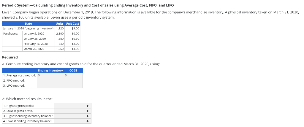Practice problems for an upcoming test on lifo, fifo and other inventory